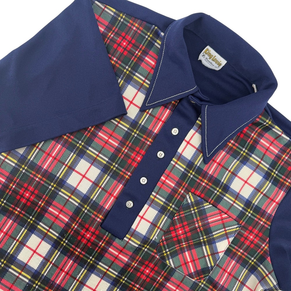 Vintage King Louie Mens Plaid Bowling Shirt Navy Blue Short Sleeve Button Up M/L